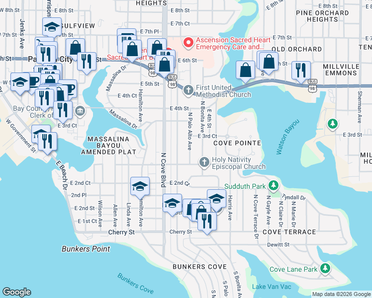 map of restaurants, bars, coffee shops, grocery stores, and more near 305 North Palo Alto Avenue in Panama City