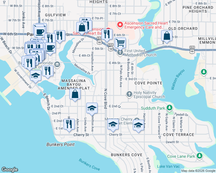 map of restaurants, bars, coffee shops, grocery stores, and more near 304 North Cove Boulevard in Panama City