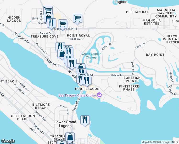 map of restaurants, bars, coffee shops, grocery stores, and more near 528 Wahoo Road in Panama City