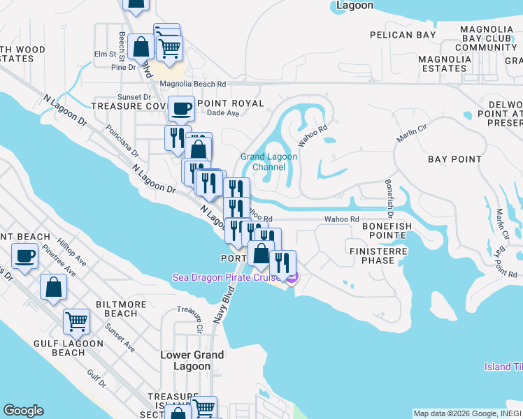 map of restaurants, bars, coffee shops, grocery stores, and more near 528 Wahoo Road in Panama City