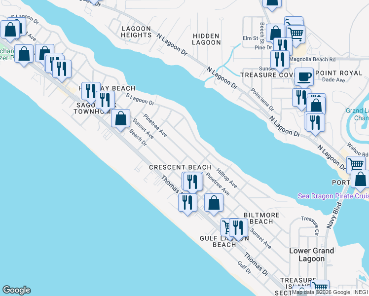 map of restaurants, bars, coffee shops, grocery stores, and more near 6120 Sunset Avenue in Panama City