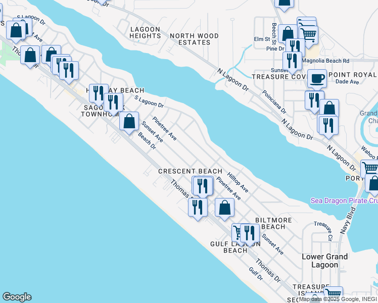 map of restaurants, bars, coffee shops, grocery stores, and more near 6120 Sunset Avenue in Panama City