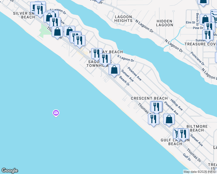 map of restaurants, bars, coffee shops, grocery stores, and more near 6505 Thomas Drive in Panama City Beach