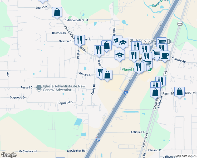 map of restaurants, bars, coffee shops, grocery stores, and more near 20381 Clyde Drive in New Caney