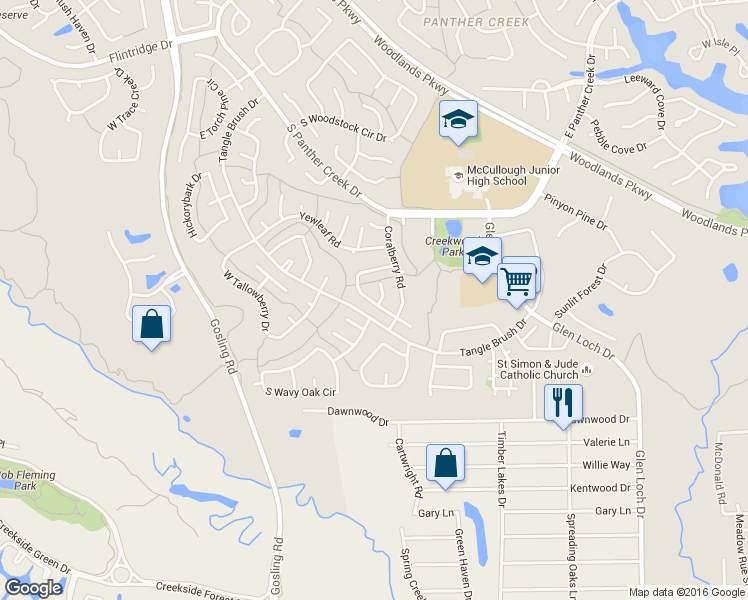 map of restaurants, bars, coffee shops, grocery stores, and more near 38 South Waxberry Road in Spring