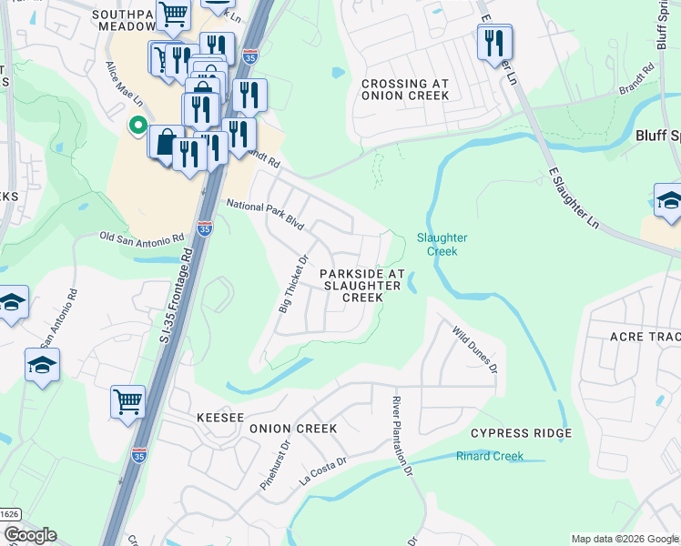 map of restaurants, bars, coffee shops, grocery stores, and more near 2432 National Park Boulevard in Austin