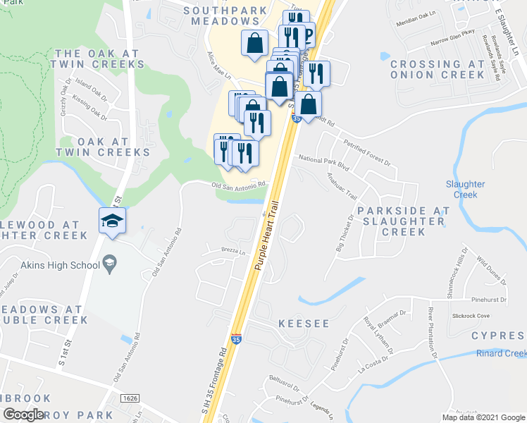 map of restaurants, bars, coffee shops, grocery stores, and more near 10300 South Interstate 35 Frontage Road in Austin