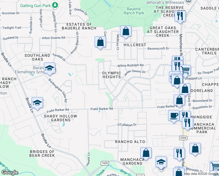 map of restaurants, bars, coffee shops, grocery stores, and more near 11813 Johnny Weismuller Lane in Austin