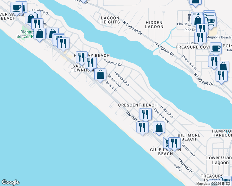 map of restaurants, bars, coffee shops, grocery stores, and more near 6310 6324thomas Drive in Panama City Beach