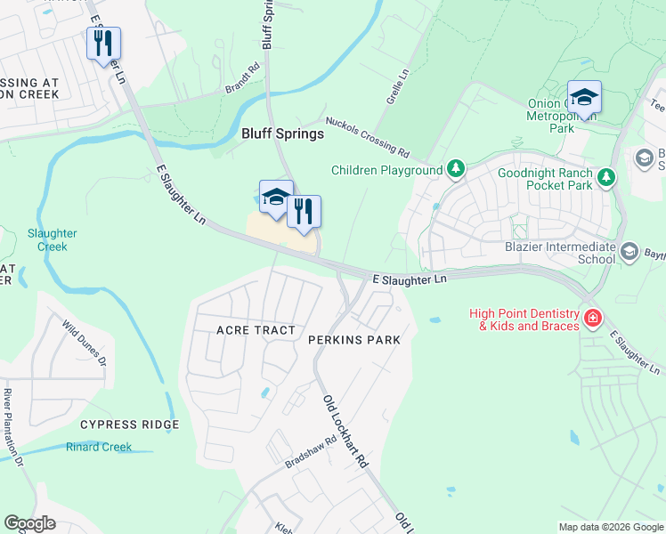 map of restaurants, bars, coffee shops, grocery stores, and more near 8377 East Slaughter Lane in Austin