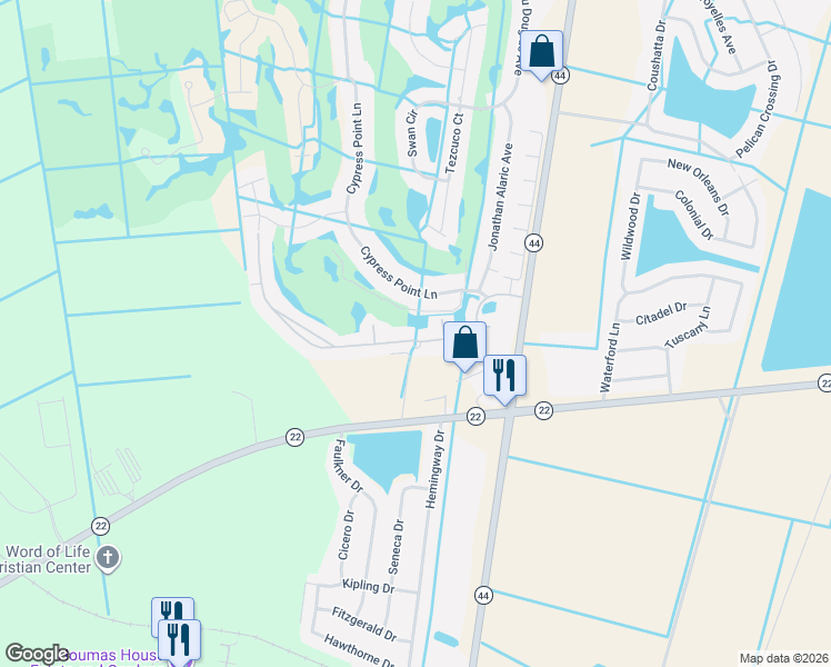 map of restaurants, bars, coffee shops, grocery stores, and more near 5474 Courtyard Drive in Gonzales
