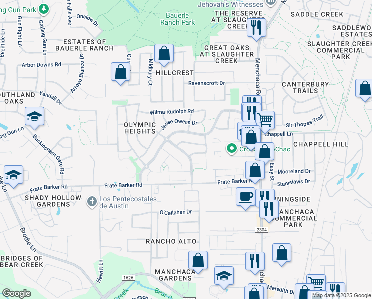 map of restaurants, bars, coffee shops, grocery stores, and more near 11511 Jim Thorpe Lane in Austin