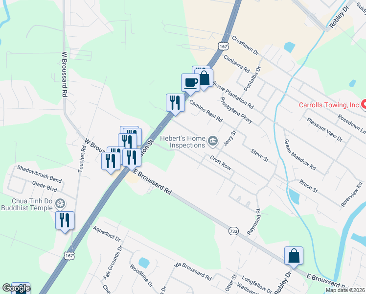 map of restaurants, bars, coffee shops, grocery stores, and more near 309 Culloden Lane in Lafayette