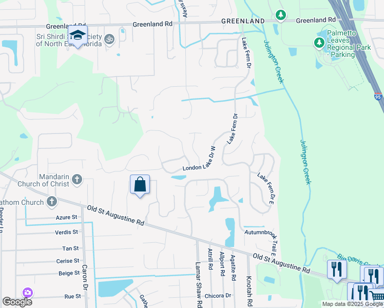 map of restaurants, bars, coffee shops, grocery stores, and more near 12042 Spring Ridge Drive in Jacksonville