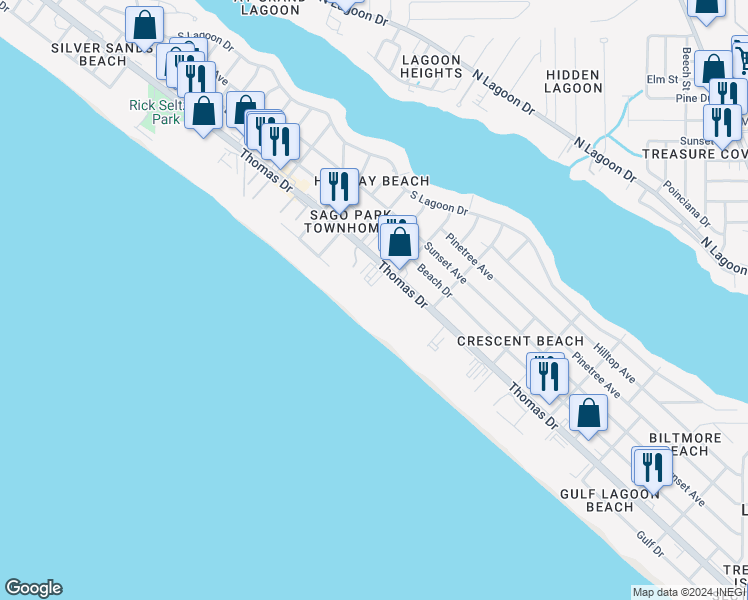 map of restaurants, bars, coffee shops, grocery stores, and more near 6505 Thomas Drive in Panama City Beach