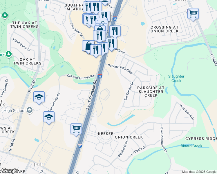 map of restaurants, bars, coffee shops, grocery stores, and more near Unnamed Road in Austin