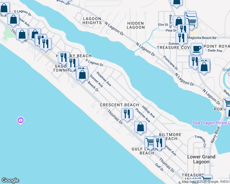 map of restaurants, bars, coffee shops, grocery stores, and more near 6120 Sunset Avenue in Panama City