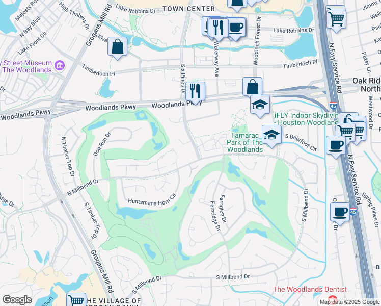 map of restaurants, bars, coffee shops, grocery stores, and more near 19 Fairway Oaks Place in Spring
