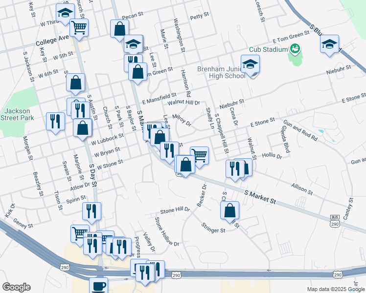 map of restaurants, bars, coffee shops, grocery stores, and more near 2015 Lee Street in Brenham