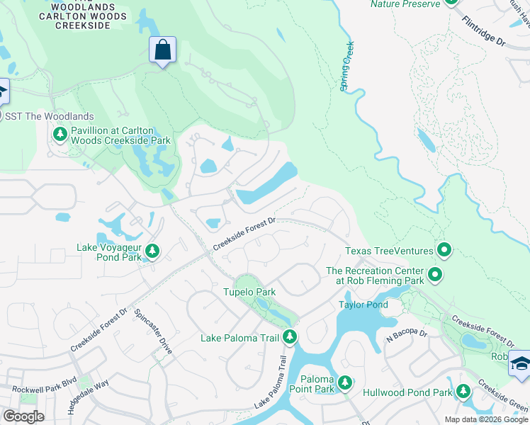 map of restaurants, bars, coffee shops, grocery stores, and more near 86 North Pinto Point Circle in The Woodlands