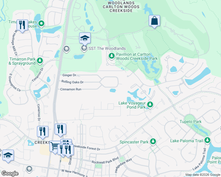 map of restaurants, bars, coffee shops, grocery stores, and more near 8010 Rolling Oaks Drive South in Spring