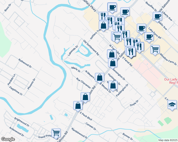 map of restaurants, bars, coffee shops, grocery stores, and more near 109 Nottoway Circle in Lafayette