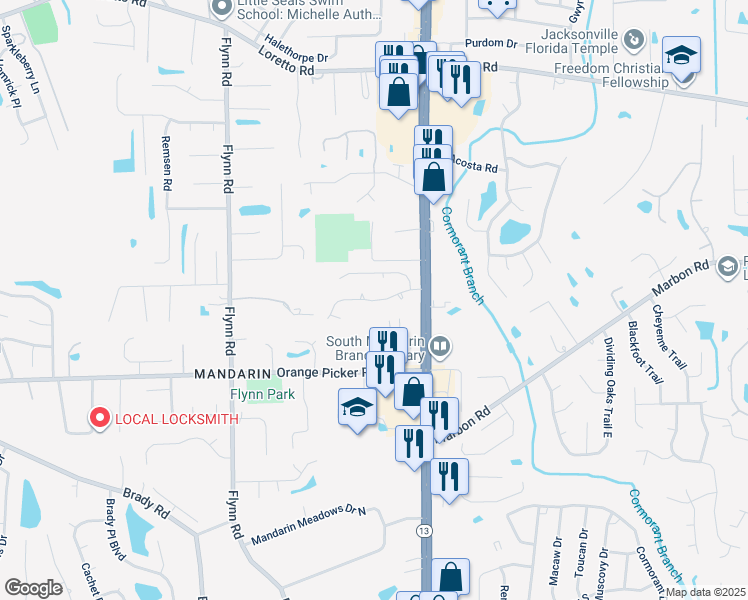 map of restaurants, bars, coffee shops, grocery stores, and more near 2849 Sweetholly Drive in Jacksonville