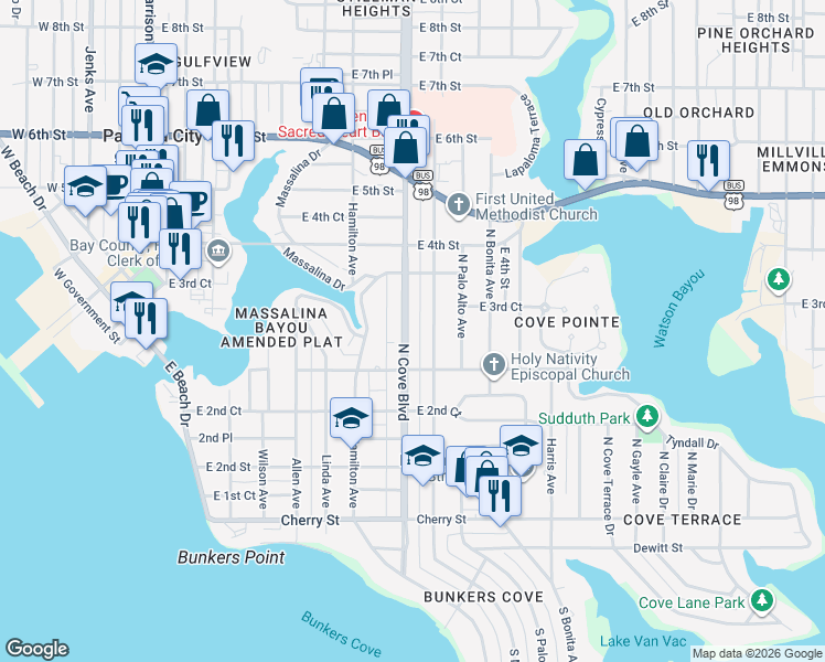 map of restaurants, bars, coffee shops, grocery stores, and more near 316 North Cove Boulevard in Panama City