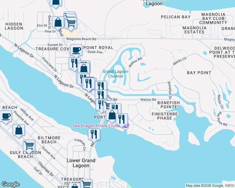 map of restaurants, bars, coffee shops, grocery stores, and more near 1418-1420 Trout Drive in Panama City