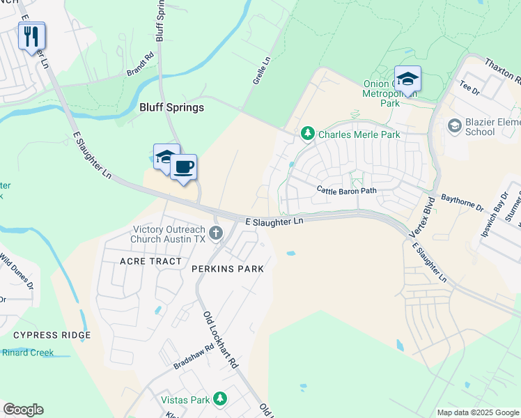 map of restaurants, bars, coffee shops, grocery stores, and more near 2022 East Slaughter Lane in Austin