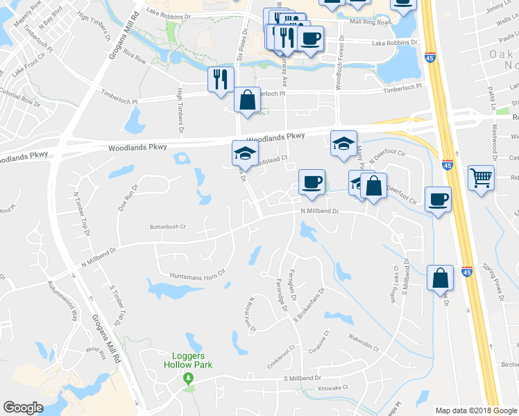 map of restaurants, bars, coffee shops, grocery stores, and more near 10700 Six Pines Drive in Spring