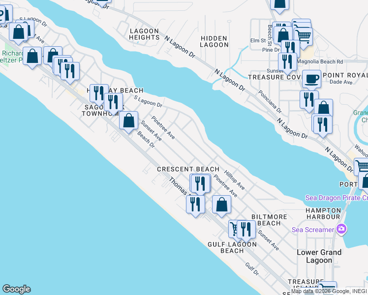 map of restaurants, bars, coffee shops, grocery stores, and more near 6215 Pinetree Avenue in Panama City