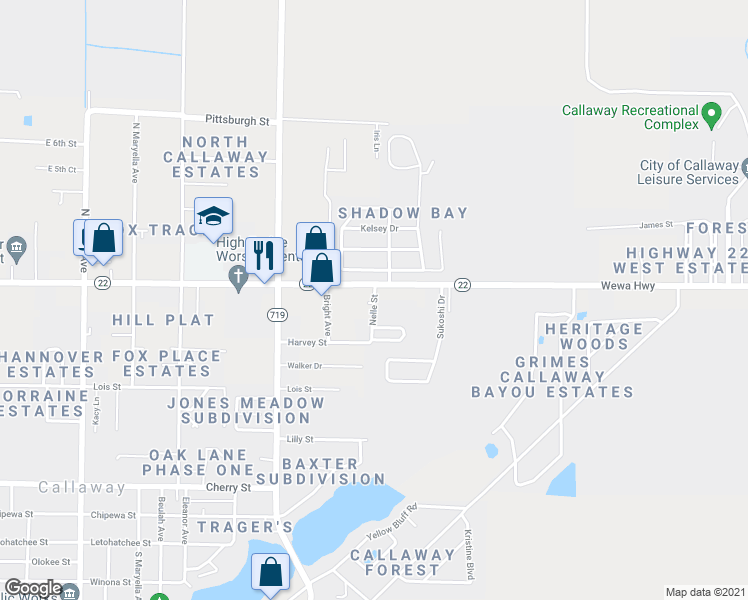 map of restaurants, bars, coffee shops, grocery stores, and more near 245-247 Nelle Street in Callaway