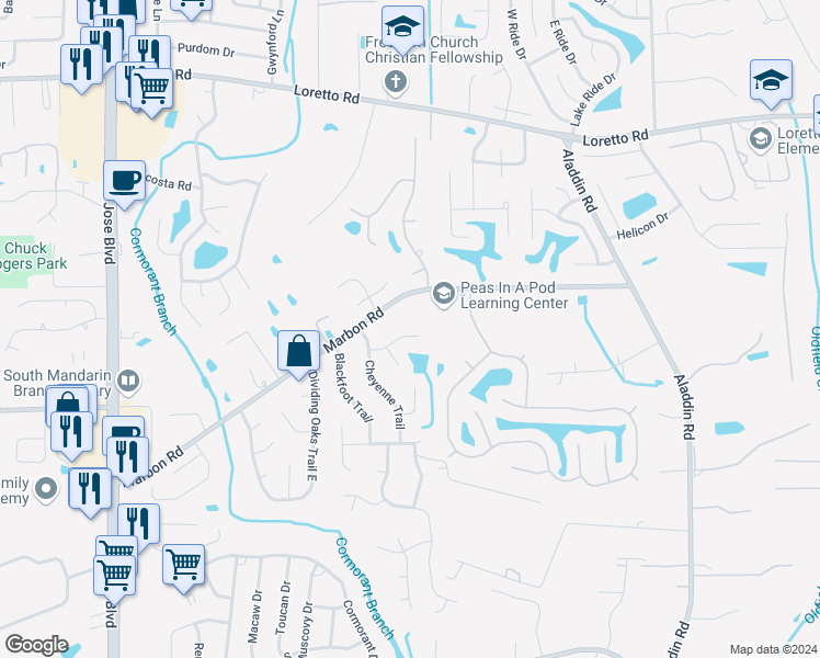map of restaurants, bars, coffee shops, grocery stores, and more near 3540 Marbon Road in Jacksonville