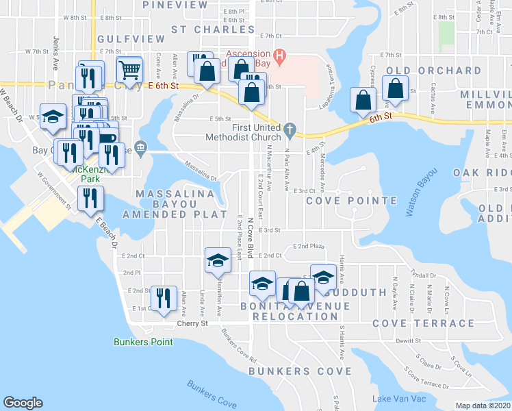 map of restaurants, bars, coffee shops, grocery stores, and more near 326 North Cove Boulevard in Panama City