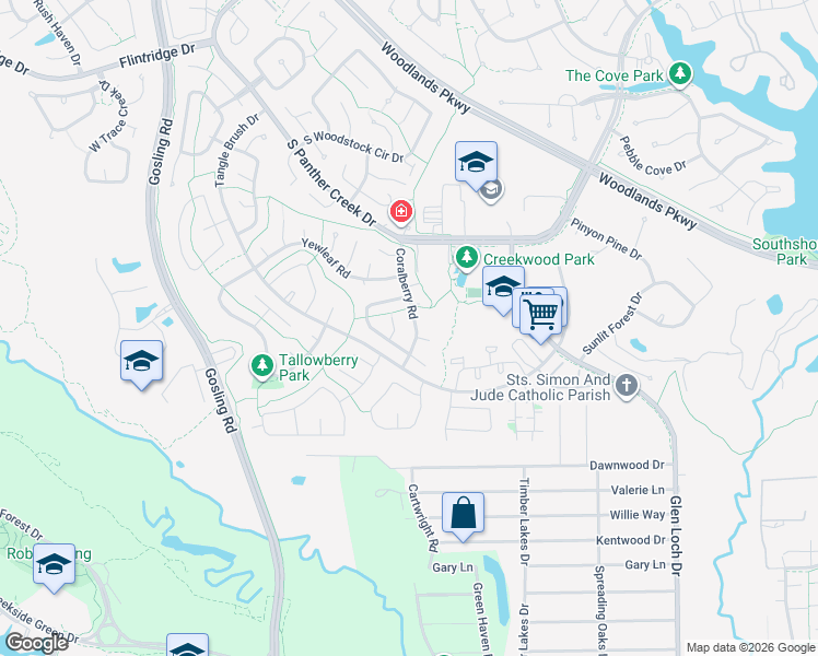 map of restaurants, bars, coffee shops, grocery stores, and more near 33 Coralberry Road in Spring