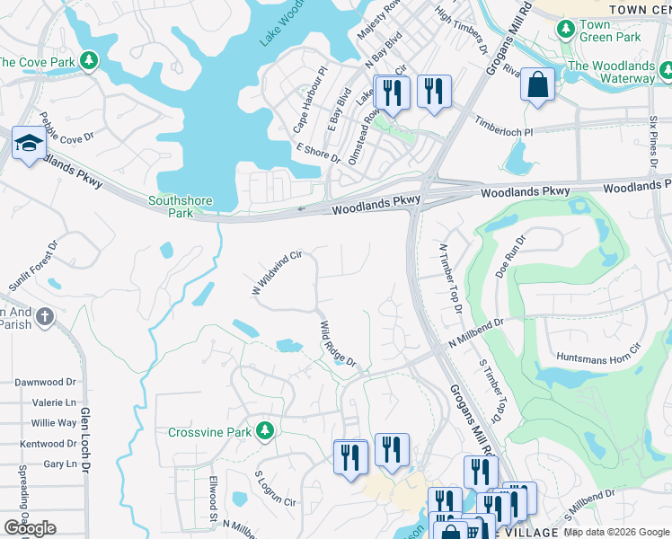 map of restaurants, bars, coffee shops, grocery stores, and more near 10406 Treeridge Place in Spring