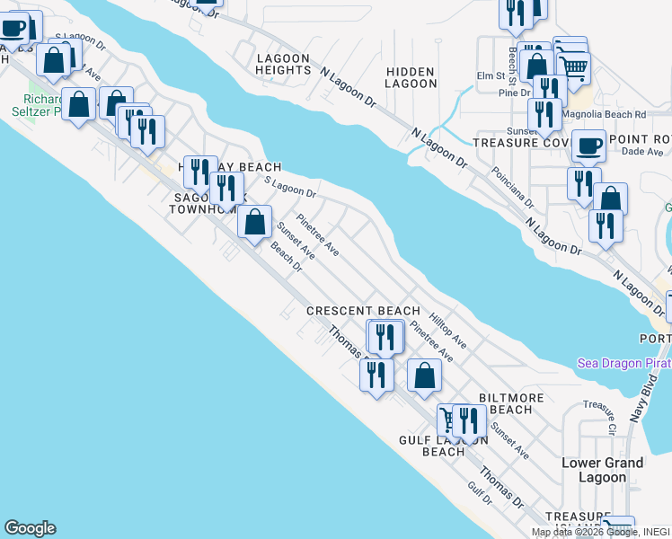 map of restaurants, bars, coffee shops, grocery stores, and more near 6300 Sunset Avenue in Panama City