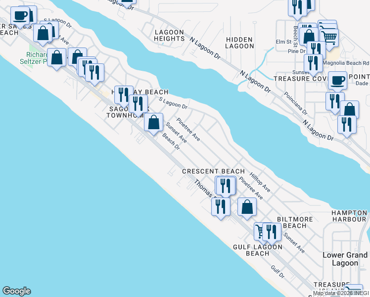 map of restaurants, bars, coffee shops, grocery stores, and more near 6318 Sunset Avenue in Panama City