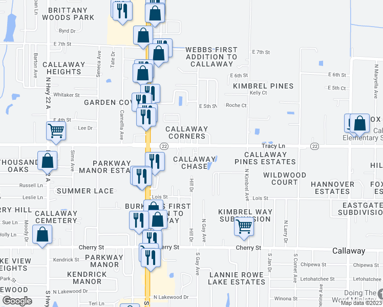 map of restaurants, bars, coffee shops, grocery stores, and more near 212 Callaway Chase Lane in Panama City