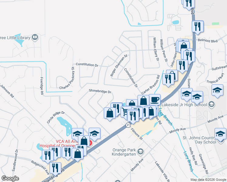 map of restaurants, bars, coffee shops, grocery stores, and more near 2269 George Wythe Road in Orange Park