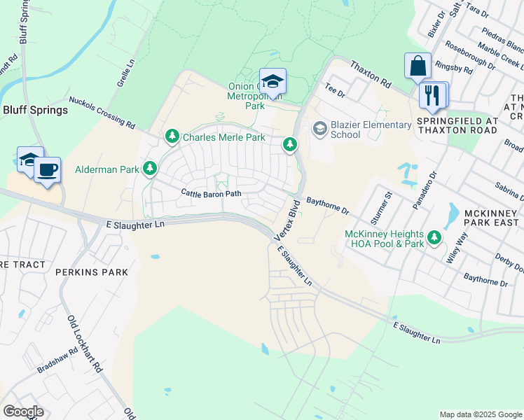 map of restaurants, bars, coffee shops, grocery stores, and more near 9015 Cattle Baron Path in Austin