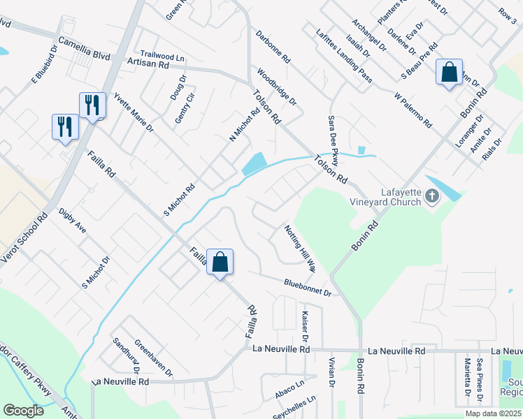 map of restaurants, bars, coffee shops, grocery stores, and more near 121 Billingford Drive in Lafayette