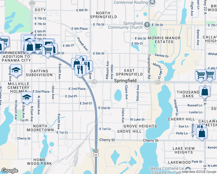map of restaurants, bars, coffee shops, grocery stores, and more near 3540 East 3rd Street in Panama City