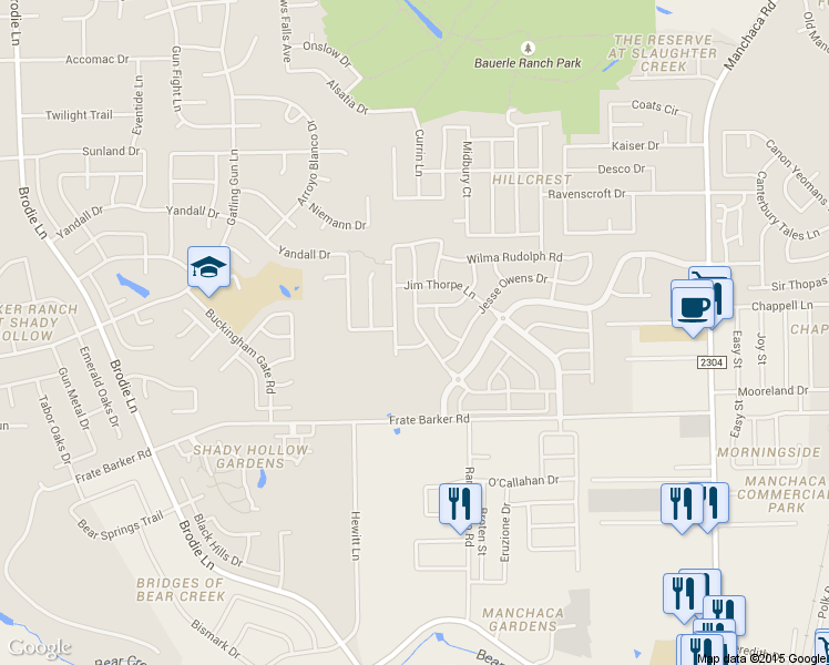 map of restaurants, bars, coffee shops, grocery stores, and more near 11704 Johnny Weismuller Lane in Austin