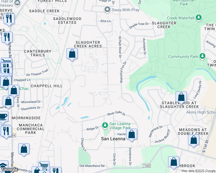 map of restaurants, bars, coffee shops, grocery stores, and more near 11100 Slaughter Creek Drive in Austin