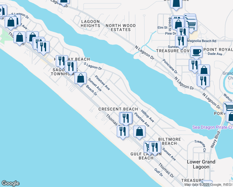 map of restaurants, bars, coffee shops, grocery stores, and more near 6229 Hilltop Avenue in Panama City