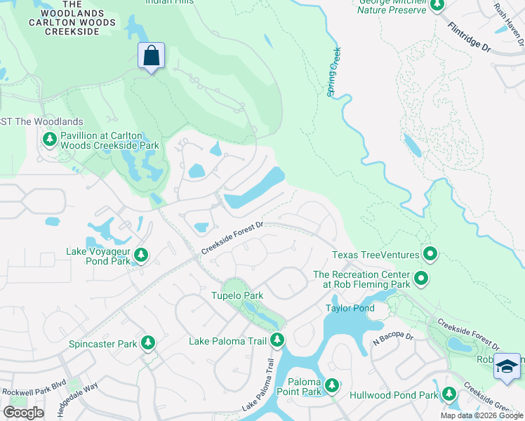 map of restaurants, bars, coffee shops, grocery stores, and more near 38 Pronghorn Place in Spring