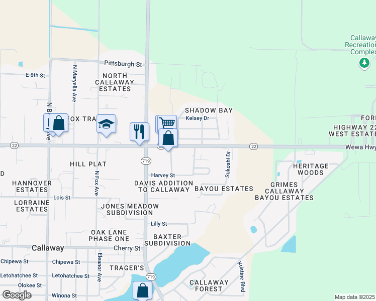 map of restaurants, bars, coffee shops, grocery stores, and more near 295 Nelle Street in Callaway