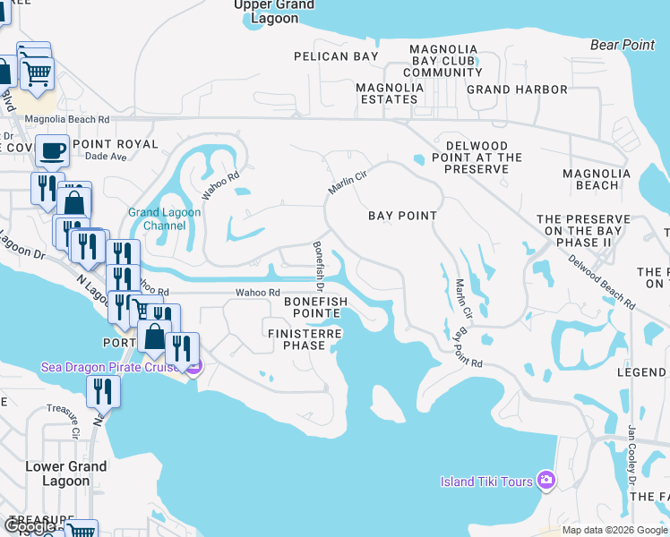 map of restaurants, bars, coffee shops, grocery stores, and more near 1205 Bonefish Drive in Panama City Beach